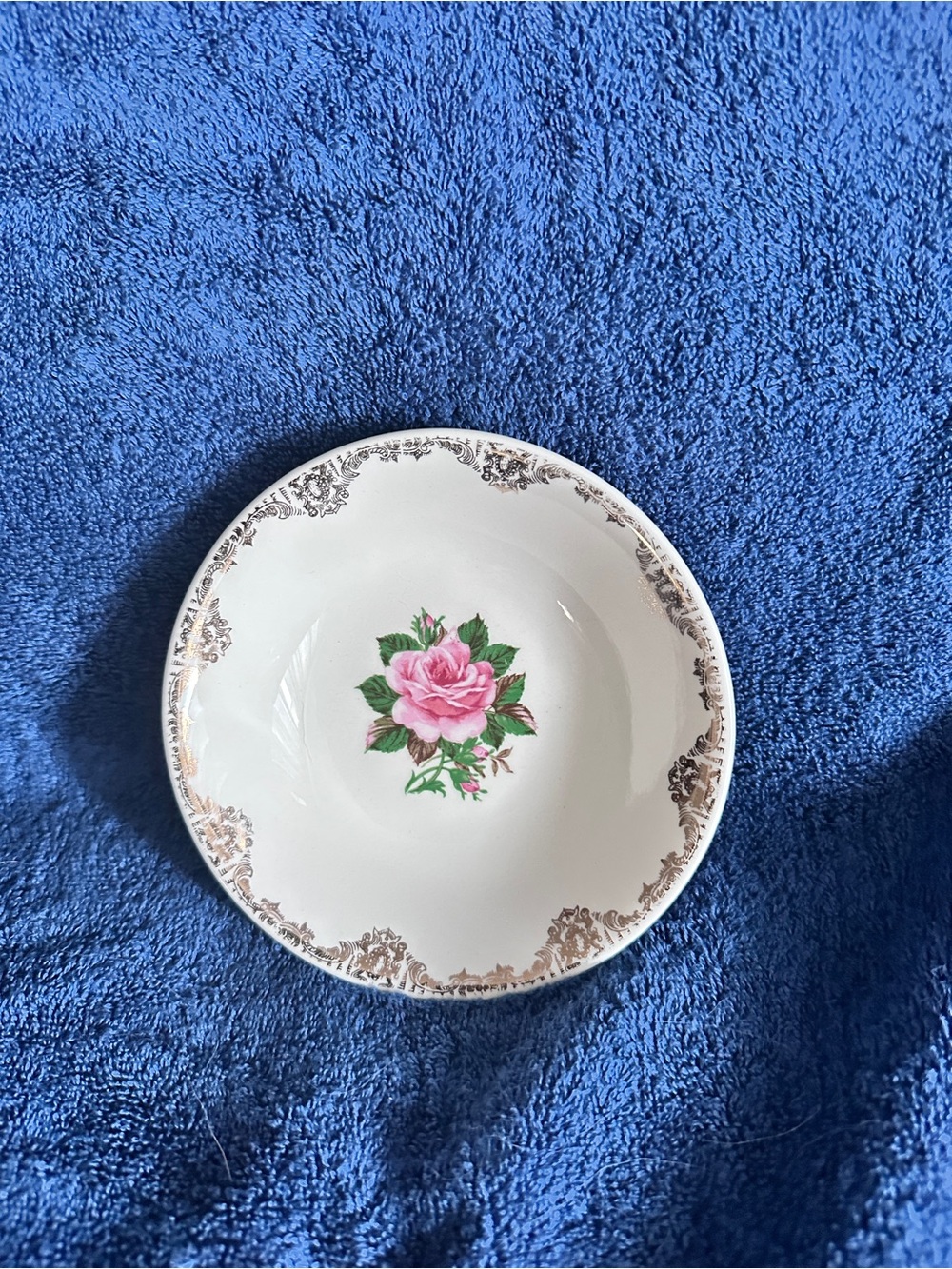 Porcelain Serving Bowl with Pink Rose Motif and Gold Rim